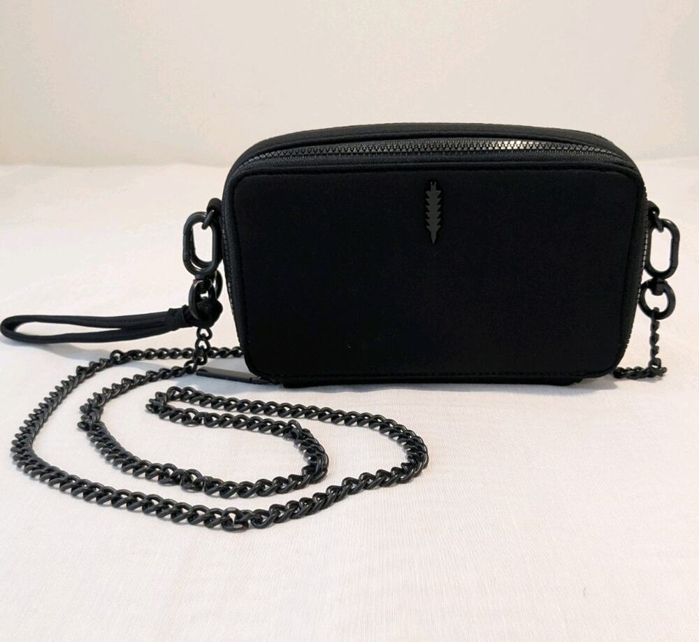 THACKER Ronnie Neoprene 2 Zipper Top Small Crossbody Bag Wristlet Black Unique